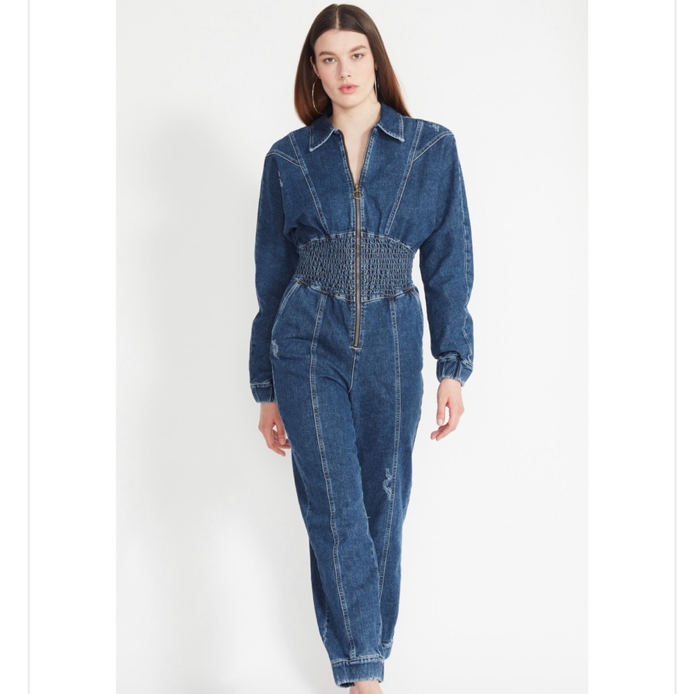 Steve Madden • NWT Nissa Blue Jean Denim Smocked Jumpsuit / Coveralls Size Small